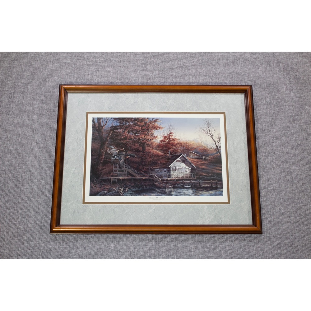 Terry Redlin Autumn Shoreline Framed Art Print 21.5x16.5 Wildlife Cabin Scene